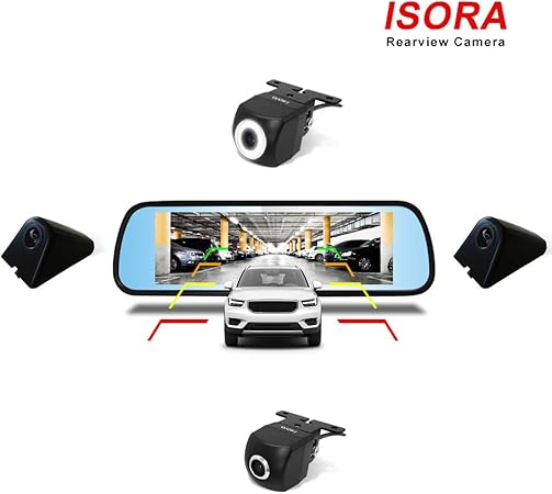 Amazon Isora バックカメラ モニターセット 8インチルームミラーモニター バック フロント サイド フルセット 2分割 自動電源on 12v専用 ４接続 アイソラ Fc 004s サイドカメラ ブラック バックカメラ本体 車 バイク