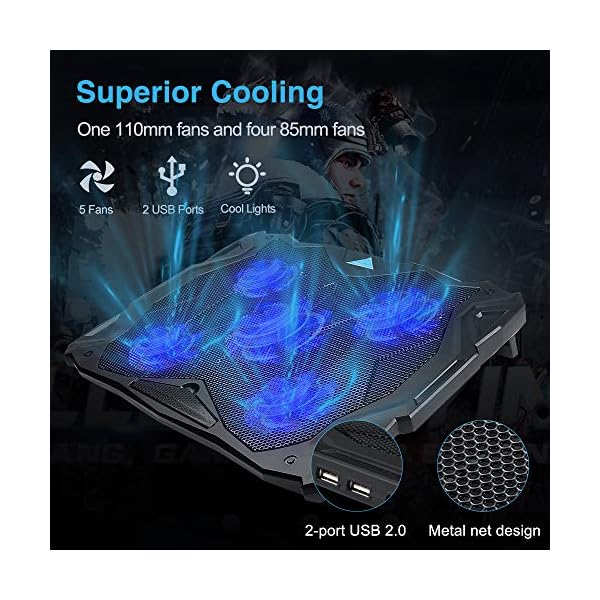 TECKNET-Laptop-and-Notebook-Cooling-Pad-With-5-Fans-at-1500-RPM-and-Blue-LED-Laptop-Cooler-fits-12-17 TECKNET Laptop Cooling Pads,Notebook Cooling Chill Mat With 5 Fans,Speed Adjustable,Extra USB Ports, Adustable Height…