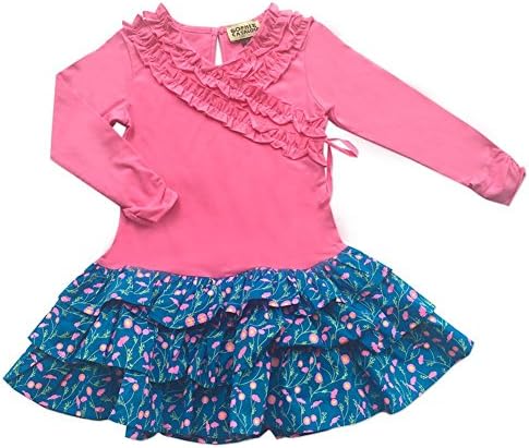 Sophie Catalou Big Girls Pink Teal Provence Print Knit Ruffle Dress 7/8