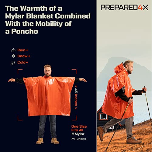 PREPARED4X Emergency Rain Poncho with Mylar Survival Blanket Liner for