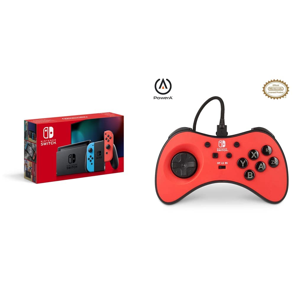 Nintendo-Switch-Consola-Estandar-Color-Azul-NeonRojo-Neon-PowerA-Mando-FightPad-con-cable-Fusion-Nintendo