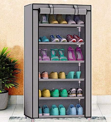Morfy Multipurpose Portable Folding Shoes Rack 6 Tiers Shoe Storage Organizer with Iron and Nonwoven Fabric with Zippered Dustproof Cover (Grey)