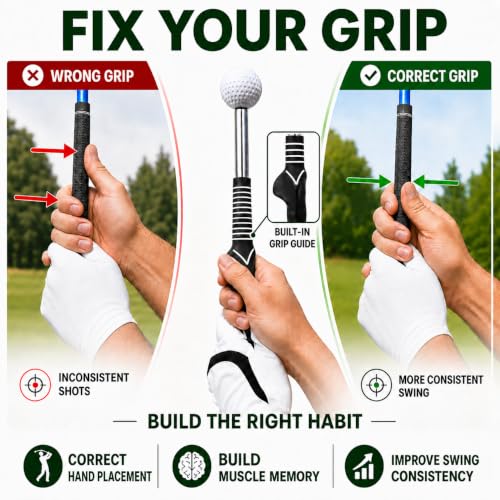 5-in-1 Retractable Golf Swing Trainer, Training Aid with Grip Trainer, Grip Correction for Beginners & Tempo Training for Advanced, Click Feedback, Arm Connection, Right/Left-Handed, Indoor/Outdoor