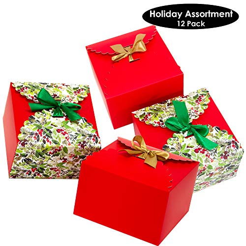 12 Pack Decorative Party Favor Gift Treat Boxes,Thick 400gsm Card- 5.8 x 5.8 x 3.7 inches, Easy Folding - Gift Boxes for Christmas, Birthdays, Holidays and Thanksgiving (Holiday Assortment, 12 Pack)