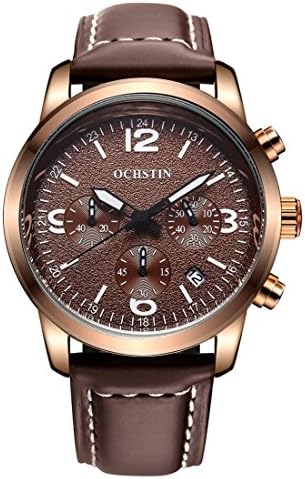 OCHSTIN Round Multi-function Three Sub Dial with 24 Hours Dial Luminous Display Calendar Display Men Quartz Watch with Genuine Leather Band