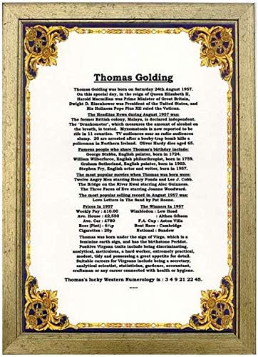 PERSONALISED 80th BIRTHDAY GIFT- Over 70 Amazing Facts About The Day You Were Born in a beautiful Regal Gold Border
