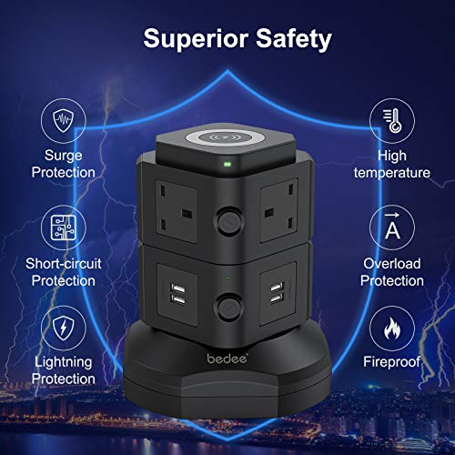 bedee Tower Extension Lead with Surge Protection, Multi Plug Power Extension Tower with 4 USB Slots, 6 Sockets & Wireless Charger, Vertical Power Strip with 2 Metre Cord & Individual Switches, Black