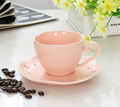 Eglaf Coffee Tea Cup Set Embossed Ceramic (Bone china) and Porcelain Saucers Spoon Bracket 6 - Piece Set (Pink)