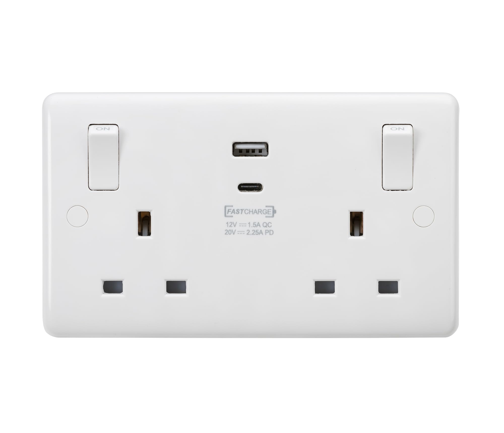 Knightbridge Curved Edge White 13A Double Switched Socket with Outboard Rockers and Dual USB (A+C) QC18W / PD45W (CU9003)