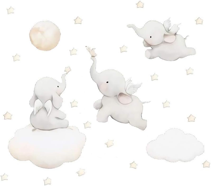 Finduat Flying Elephant Wall Decal Animal with Cloud Moon Star Wall Sticker Dumbo Wall Art Decor for Kids Bedroom Baby Nursery Removable Home Background Decoration