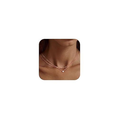 Tewiky Rose Gold Necklace, 14k Rose Gold Plated Layered Diamond