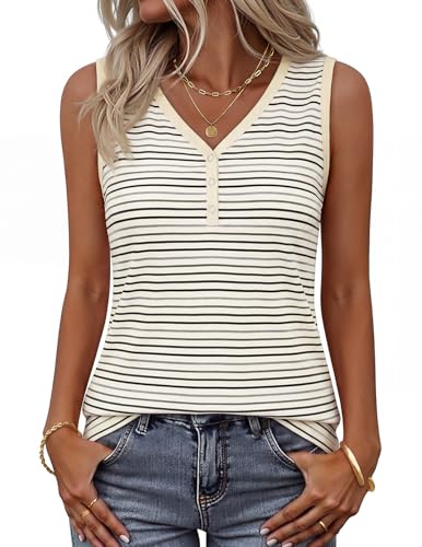 MEROKEETY Womens Summer Tank Tops Striped Henley