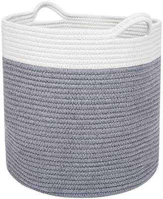 Large 17โ x 15โ Cotton Storage Basket for Men, Women, Kids & Baby | Organize Clothes, Gifts, Toys & Diapers | Cute, Neutral White & Gray Foldable Baskets w/ Handle | Use in Laundry, Bedroom & Bathroom