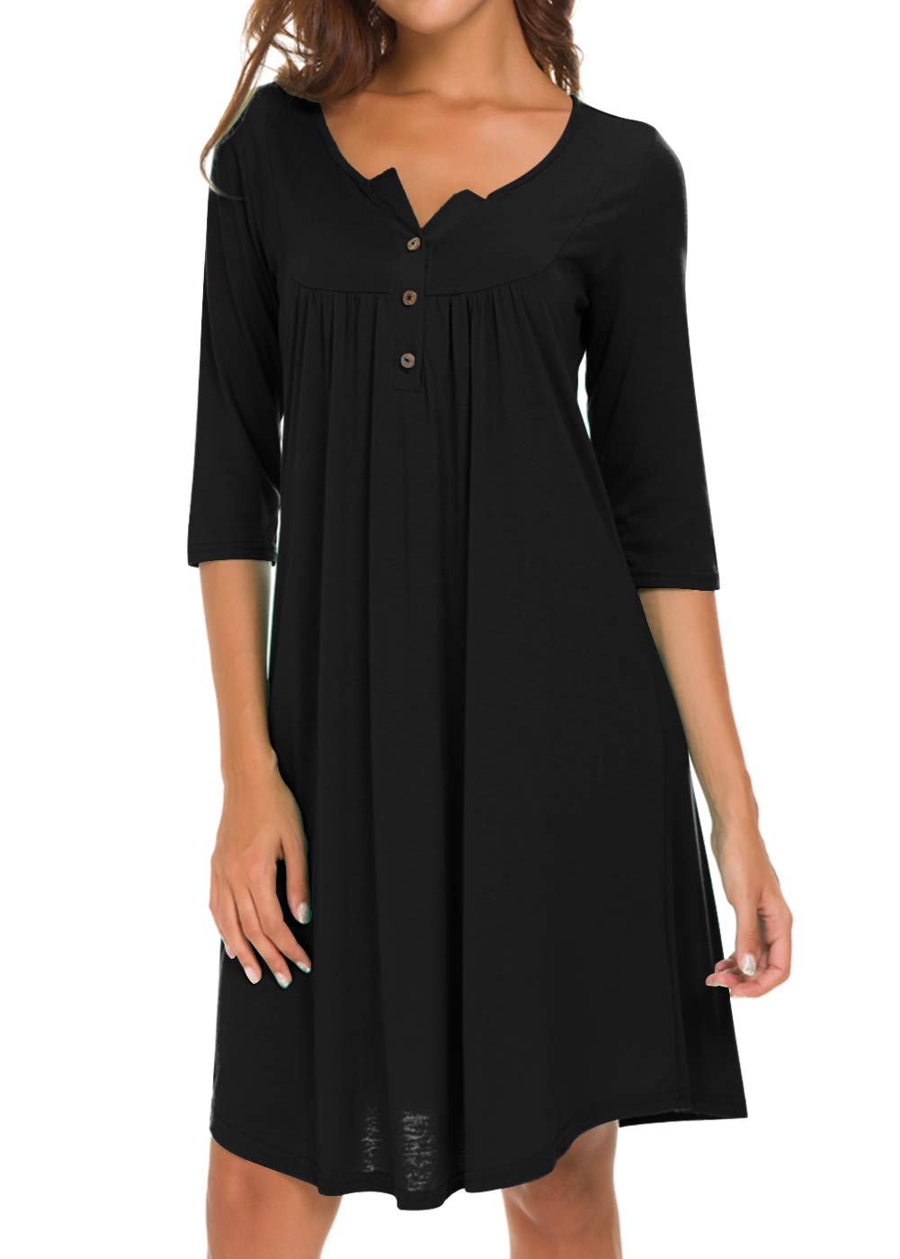 AMCLOS Womens V Neck Dress Casual Swing Simple Ruffle Button up Loose Dresses 3/4 Sleeve Long Sleeve (Medium, Long-Black)