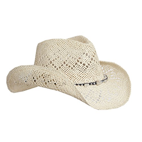Light Natural Tan Straw Cowboy Hat for Women with Beaded Trim - Shapeable Brim