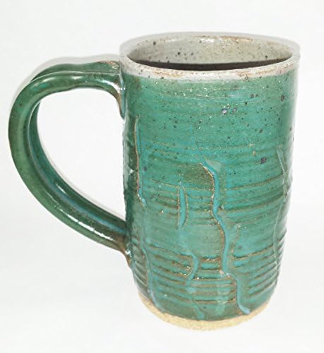 Aunt Chris' Pottery - Hand Made Clay - Extra Large Cup - Tall Vintage Style - Large Looped Handle - Primitive Dark Blue Glazed - With a Natural Stone Base.