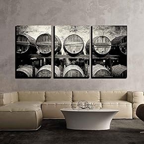 3 Piece Canvas Wall Art - Barrels Stacked in The Winery in Black and White - Modern Home Art Stretched and Framed Ready to Hang - 16"x24"x3 Panels