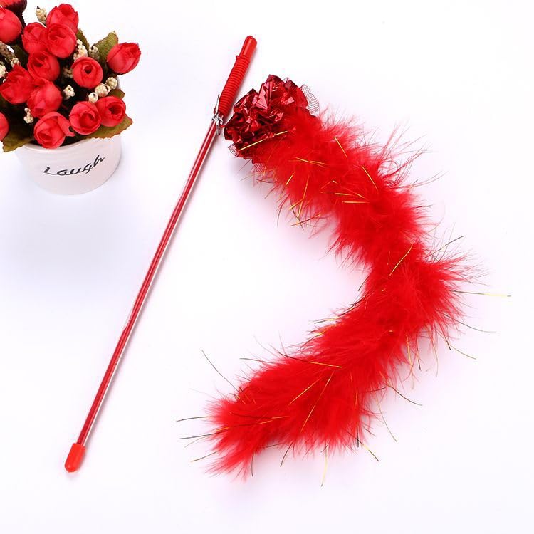 Photo 1 of PETCTN Red Cat Teasing Stick Toy - Interactive Stick with Sparkly Feather Boa & Crinkle Ball for Indoor Cat Training & Fun