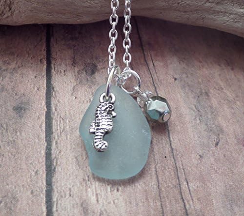 Tiny Sea Horse Necklace with Aqua Scottish Sea Glass from Scotland and Glass beads