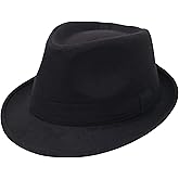 Black Mens Manhattan Structured Gangster Trilby Fedora Hat Jazz Cap Floppy Panama Hat Gentlemans Flat Hat(L)