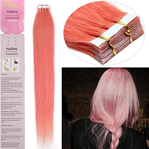 haibis Hair Extensions Tape in Remy Human Hair 20pcs More Colors 16-24inch (22''60g, Pink)