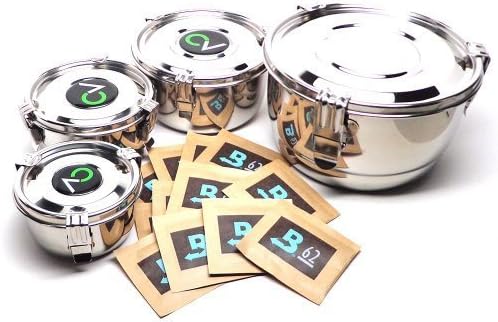Bundle of 5 Items: Small, Medium, Large and Extra Large CVault Airtight Storage Containers with 12 Extra Boveda 8 Gram 62% Humidipak Regulators by CVault