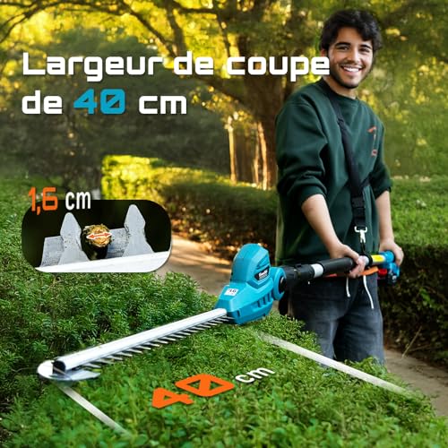 SEESII Electric Telescopic Hedge Trimmer 2.6 m, Electric Hedge Trimmer with 40 cm Double Action Blade, 2 x 4.0Ah Batteries, 135° Adjustable Swivel Head, for High Hedges and Dense Shrubs