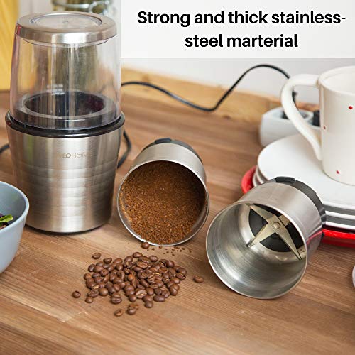 Multipurpose Electric Coffee Bean Grinder with 2 Removable Cups - Premium Stainless Steel Mill Grinding Tool for Seeds, Spice, Herbs, Nuts & Other Dry and Wet Ingredients | 200W Fast Grind in Seconds