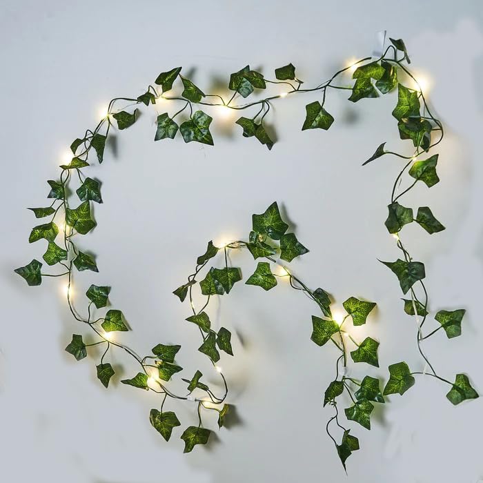 2 pack 6.56Ft Artificial Ivy Leaf Garland with 20 LED Fairy String Lights,Fake Green Leaves Hanging Vine Faux Flowers Decoration for Indoor,Outdoor,Kitchen,Garden,Office,Wedding,Wall