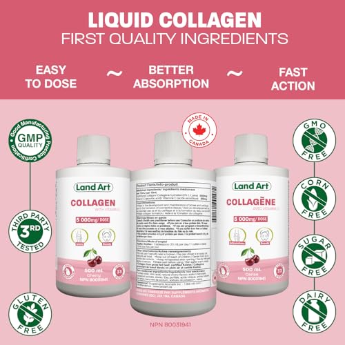 Liquid Collagen, with Vitamin C, Complete Joint and Beauty Care Formula, Fast-Action Anti-Inflammatory, Non-GMO, Gluten-Free, Sugar-Free, Cherry Flavour, Made in Canada, 500ml Bottle