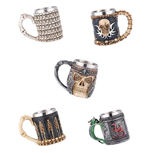 Dovewill Set of 5 Pieces 3D Decorative Royal Skull Tankards Mug Beer Drinking Cup Halloween Decorative Crafts
