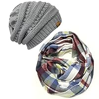 Wrapables Plaid Print Winter Infinity Scarf and Beanie Hat Set, Gray/Wine and Gray Set