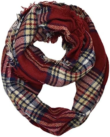 Le Nom Classic Plaid Check Pattern Infinity Scarf (Burgundy)
