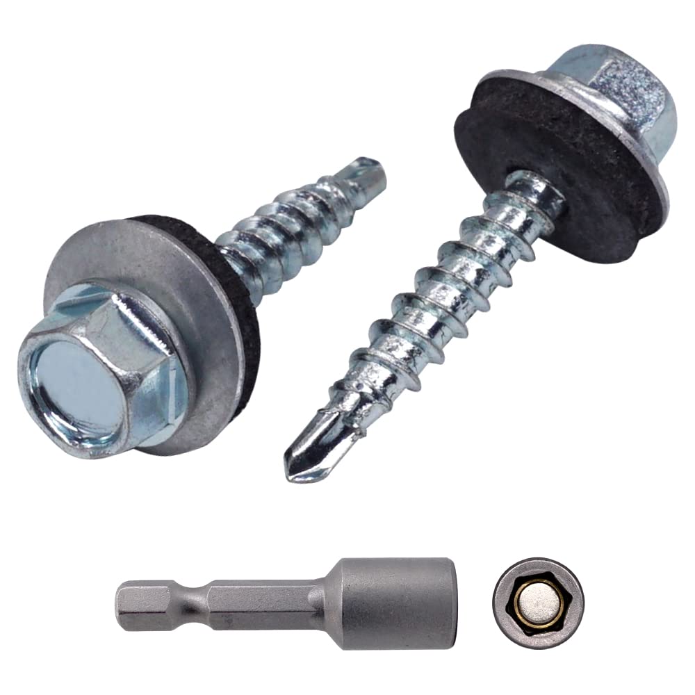 (Pack of 500 pcs) DIN 7504-K Zinc Plated Steel 4.8 x 28 mm Self-Drilling Screws With EPDM Washers, Hex Washer Head, Sheet Metal Screw, Self Tapping (500, 4.8 x 28 mm)