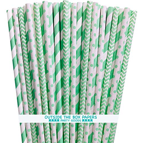 Paper Drinking Straws - Mint Green White - Stripe Polka Dot Chevron - 7.75 Inches - 100 Pack - Outside the Box Papers Brand