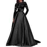enetly Sequin Long Sleeve Prom Dresses Long Satin Round Neck Formal Evening Gown with Pockets