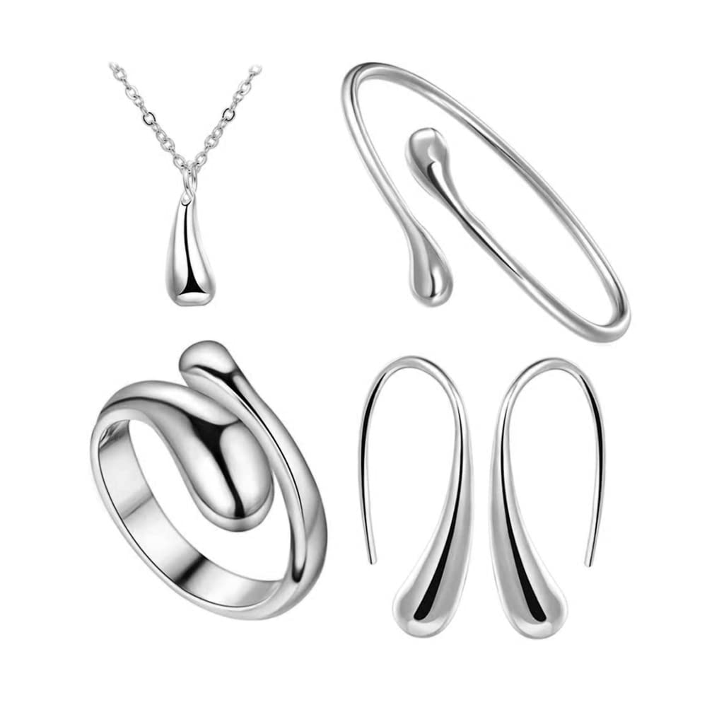 TOFBS 4PCS Water Drop Jewellery Set for Women and Girls Silver Gold Teardrop Pendant Necklace Earrings Bracelet and Ring Jewellery Set Daily Party Birthday Wedding Valentine's Day Gifts (Silver)