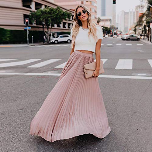 Tantisy ♣↭♣ Women Fashion Pleated Long Skirts Simple Solid Dress High Waist Fold Ladies Sexy Skirts Pink