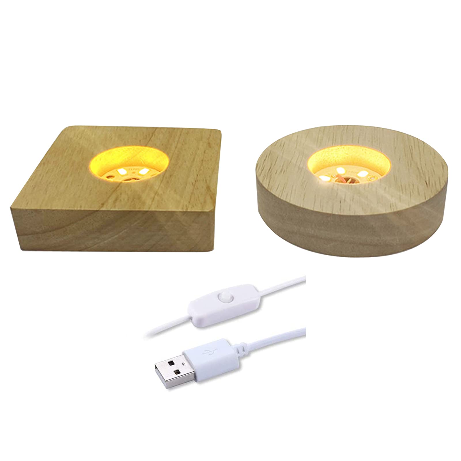 2Pcs 4" Wood LED Display Base Stand + Square Wooden Lighted Base for Crystal Glass Resin Art