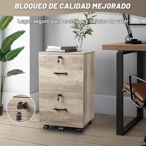 Archivador con 2 Cajones, Archivero con 5 Ruedas para Archivos A4 Tamaño Carta, Archivero Organizador Debajo del Escritorio para Oficina en Casa, Archiveros con Cerradura con Soporte para Impresora