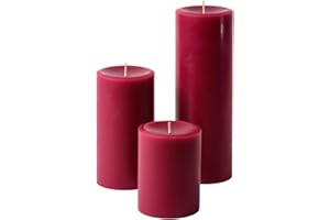 Mister Candle Unscented Dripless Pillar Candles Set of 3, Hand Poured 3 Inch Candles, Premium Wax, Decorative Pillar Candles, (3" x 4", 3" x 6", and 3" x 9", Burgundy)