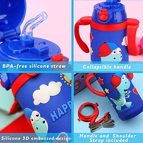 Kids Water Bottle With Straw Dinosaur Thermoses Stainless Steel Insulated Vacuum Cup BPA Free Spillproof Thermal Water Cup For Boys School Lunch - With Handle And Shoulder Strap -12oz, Blue - Thumbnail 2