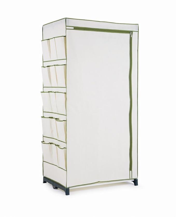 Portable Canvas Wardrobes With Single Rail Taupe With Green Trim
