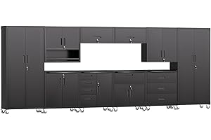 FLIXELIO Garage Storage Cabinets System 10 PCS Workshop Set with Drawers Locking Heavy Duty Rolling Cart with Adjustable Shelves Garage Tool Workbench Cabinets (10 PCS, Black)