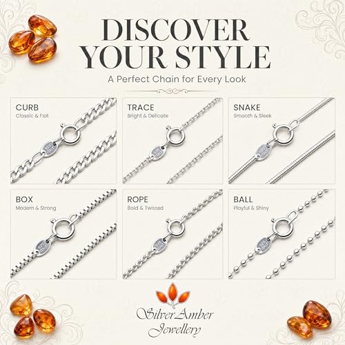 SilverAmber Jewellery UK - Sterling Silver 14" 16" 18" 20" 24" 28" 32" 36" 40" Inch Delicate Italian Curbs, Trace, Snake and other styles Chain Necklace