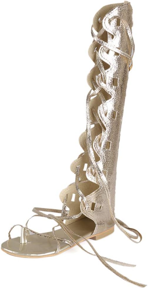 Kattee Women's Comfy Lace Up Flat Knee High Gladiator Sandals Gold Color