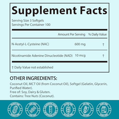 NAC Supplement 600mg with NAD+, N-Acetyl Cysteine with Coconut Oil for Potent Antioxidant, Immune System, Energy Level, Overall Vitality, Liver Health & Balance Support|300 Softgels