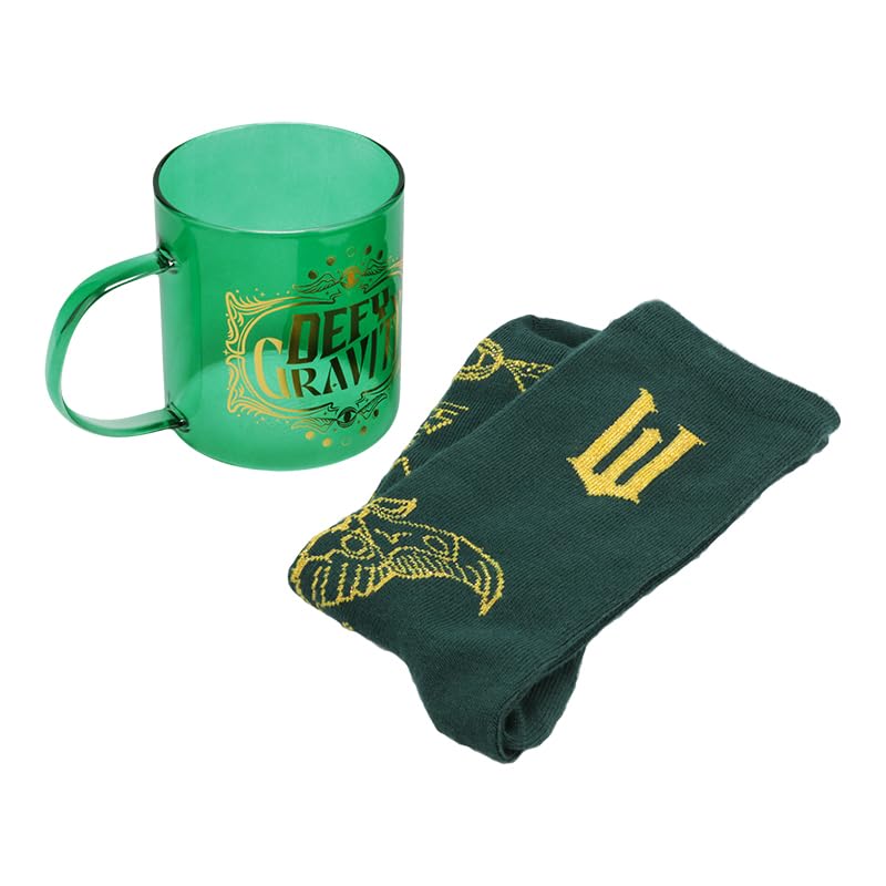 Wicked Movie Glass Mug & Socks Gift Set - Officially Licensed Disney Gift Fans, Green Tinted Defy Gravity Mug & Cozy Emerald City Ankle Socks | Paladone