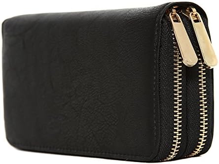 Womens Designer "Iriss" Dual Zipper Wallet and Card Holder w/ Strap - Black