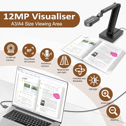 Visualiser for Teaching: 12MP Document Camera & 4K Webcam with Manual Zoom, Auto Focus, Built-in Mic, LED Light, For Mac/Windows/Chromebook, Zoom/OBS | for A3, Distance Learning, Online Art